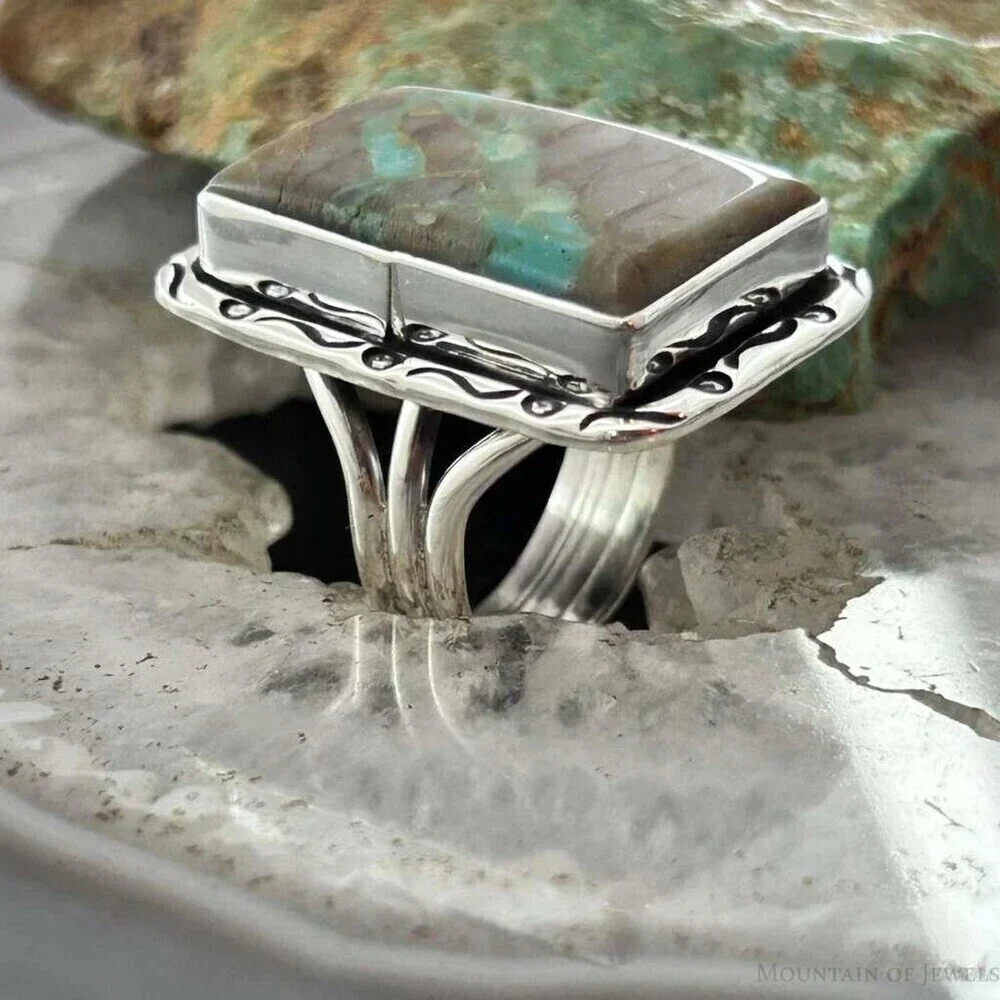 Native American Sterling Rectangle Boulder Ribbon Turquoise Bar Ring Size 7.25